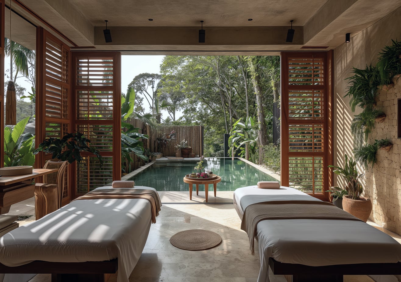A massage room with two beds with a view to the trees and a pool